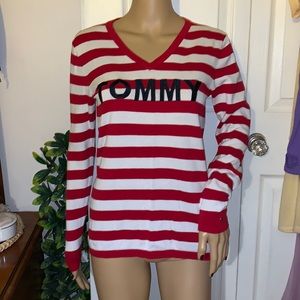 Tommy Hilfiger red white Striped v neck pullover sweater tunic S